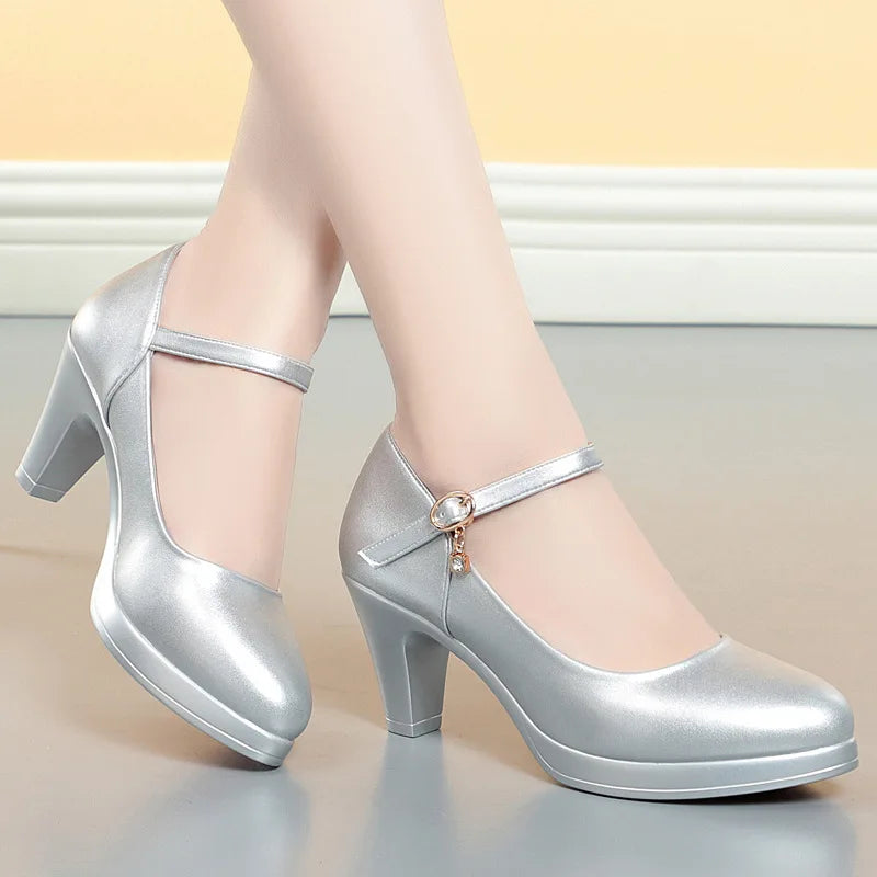 Chaussures de mariage femme en cuir souple respirant, talon bloc moyen 6,5 cm, plateforme 2026, couleur argent et rouge, pour le bureau et les mamans