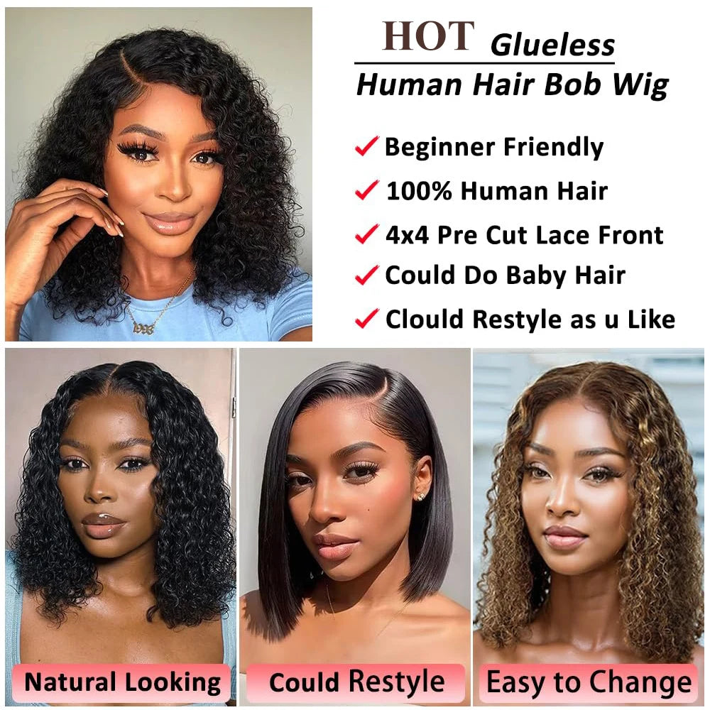 Perruque Bob sans colle Vrbest Deep Wave Wear And Go pour femmes, prête à porter, en cheveux humains, avec fermeture en dentelle 4x4, 100% cheveux humains