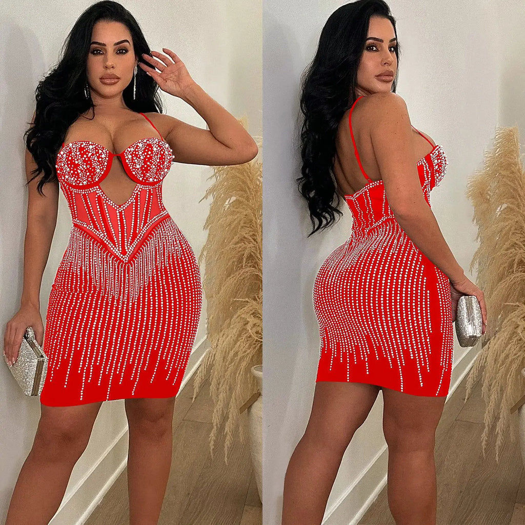 Mini robe de Club ajourée avec strass brillants, Sexy, bretelles Spaghetti, diamants élégants, robe de soirée