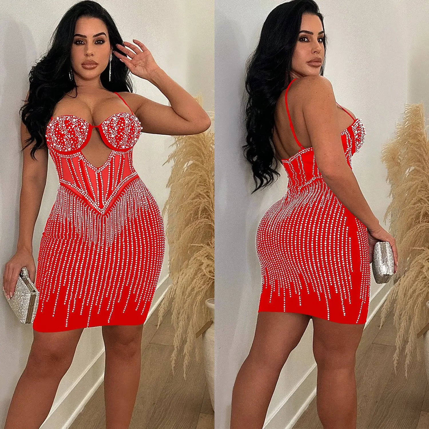 Mini robe de Club ajourée avec strass brillants, Sexy, bretelles Spaghetti, diamants élégants, robe de soirée