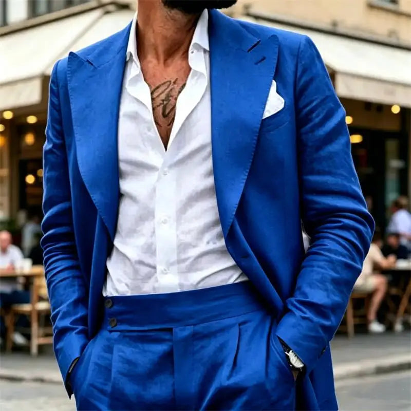 Ensemble de costume en lin 2 pièces pour homme – Coupe ajustée décontractée légère pour l'été – Blazer et pantalon pour la plage, mariage, bal de promo, soirée