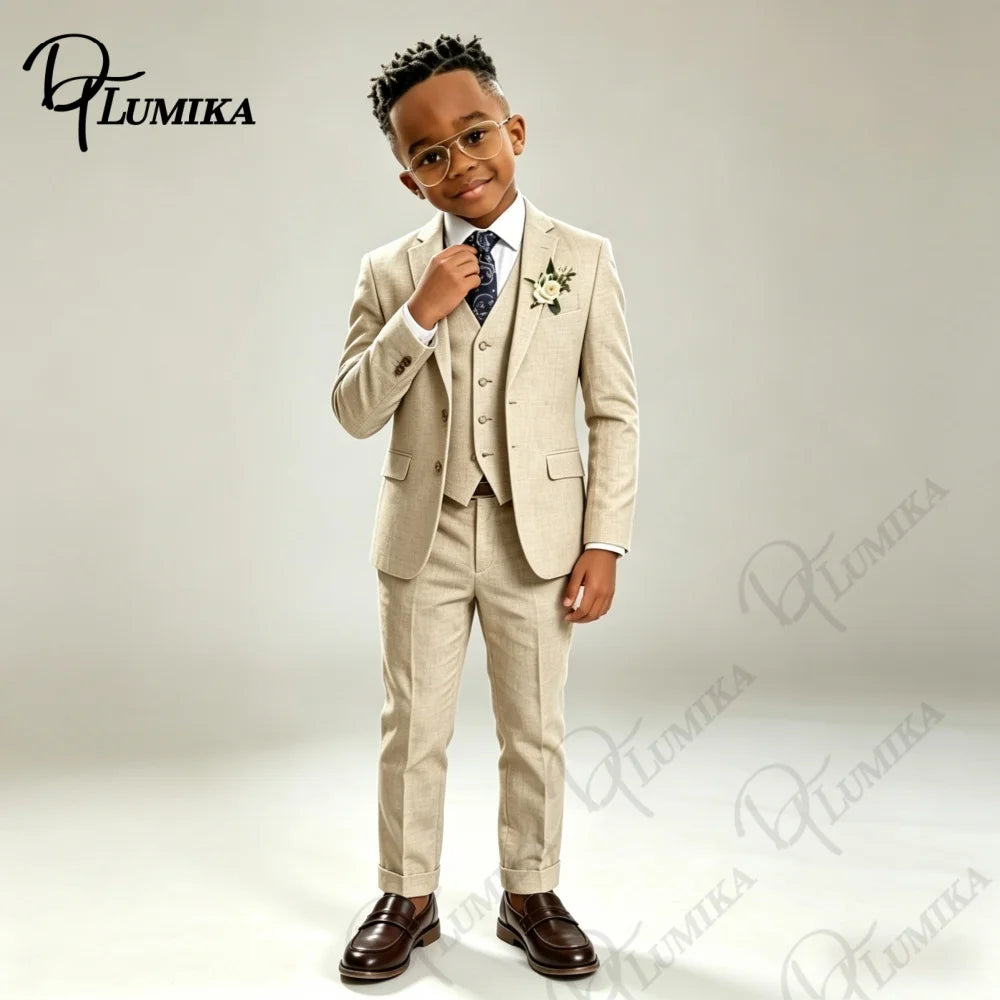 Costume élégant en lin beige pour garçons, ensemble 3 pièces avec cravate florale bleue, smoking formel haut de gamme pour mariage, porteur d'alliances, occasions spéciales d'été