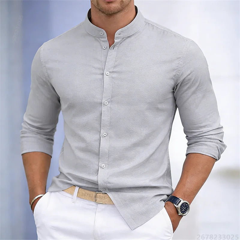 Chemise à manches longues pour homme, col montant, blanche ou noire, couleur unie, coupe ajustée, style business casual, tailles XS-6XL.