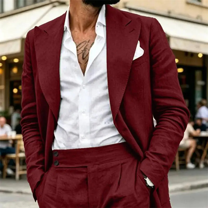 Ensemble de costume en lin 2 pièces pour homme – Coupe ajustée décontractée légère pour l'été – Blazer et pantalon pour la plage, mariage, bal de promo, soirée