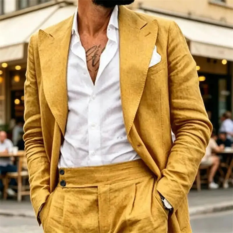 Ensemble de costume en lin 2 pièces pour homme – Coupe ajustée décontractée légère pour l'été – Blazer et pantalon pour la plage, mariage, bal de promo, soirée