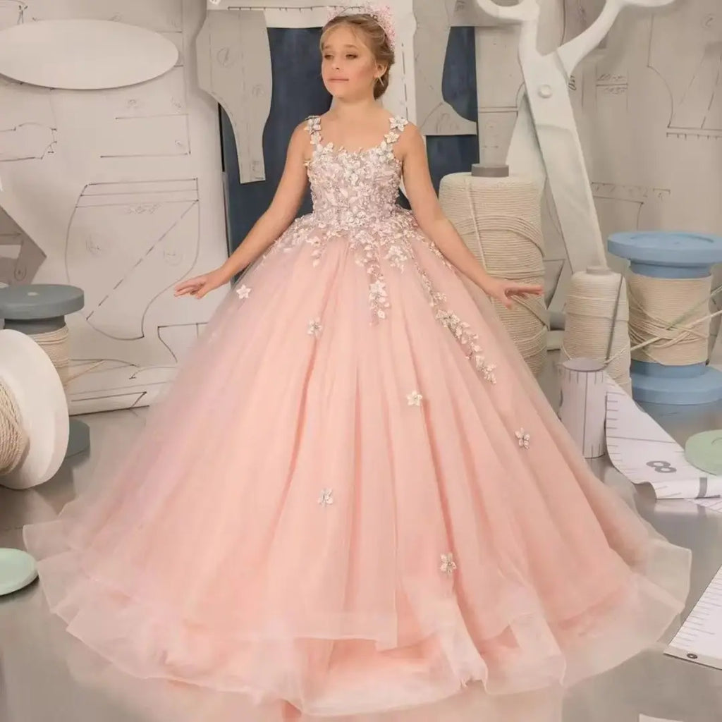 Robe à fleurs rose clair personnalisée pour filles, en Tulle, avec des Appliques de fleurs, sans manches, pour mariage, fête d'anniversaire, bal, Banquet, robe de princesse