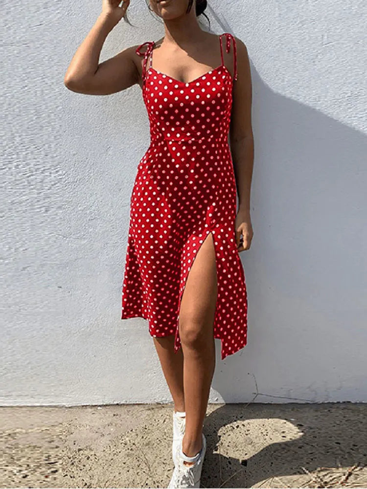Robes robe d'été femmes casual à pois sans manches haute plissée taille élastique col en v robe De plage robes De Verano