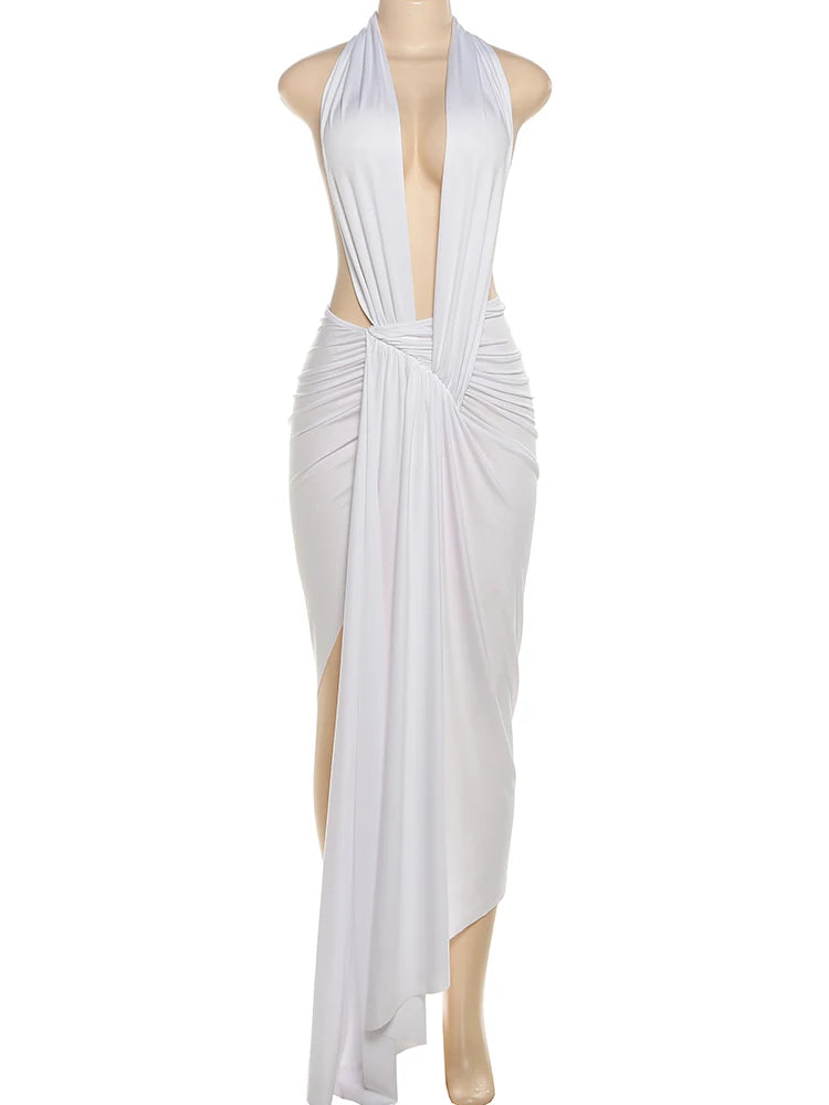 Weird Puss Robe Halter Sexy pour Femme, Fendue, à Nœuds et Rubans, Froncée, Sans Manches, Dos Nu, Ourlet Irrégulier, pour Fête d'Anniversaire, Élégante, Vestidos
