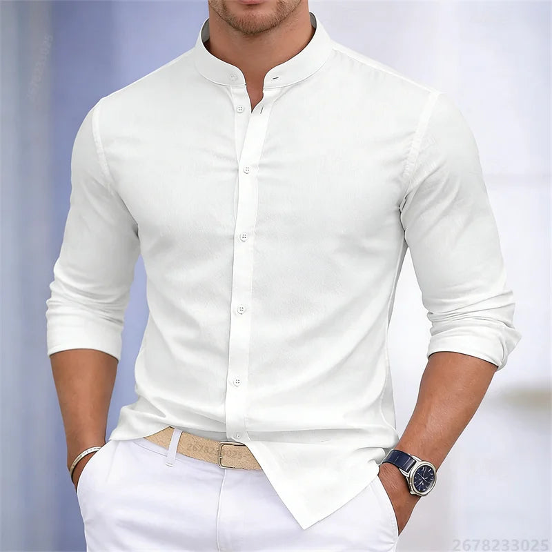 Chemise à manches longues pour homme, col montant, blanche ou noire, couleur unie, coupe ajustée, style business casual, tailles XS-6XL.