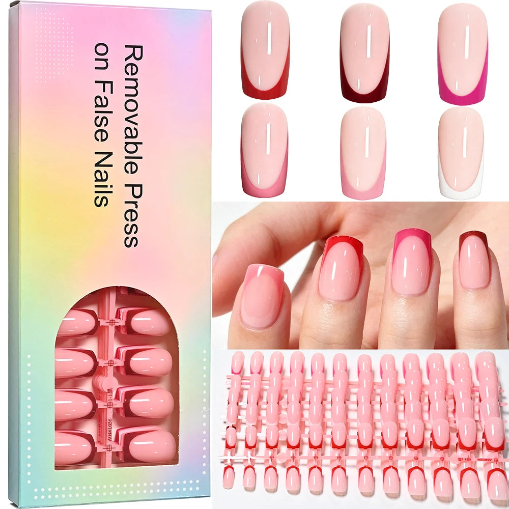 144 faux ongles carrés courts français, noirs, blancs, roses, brillants, à presser, en acrylique, couvrance totale, portables #