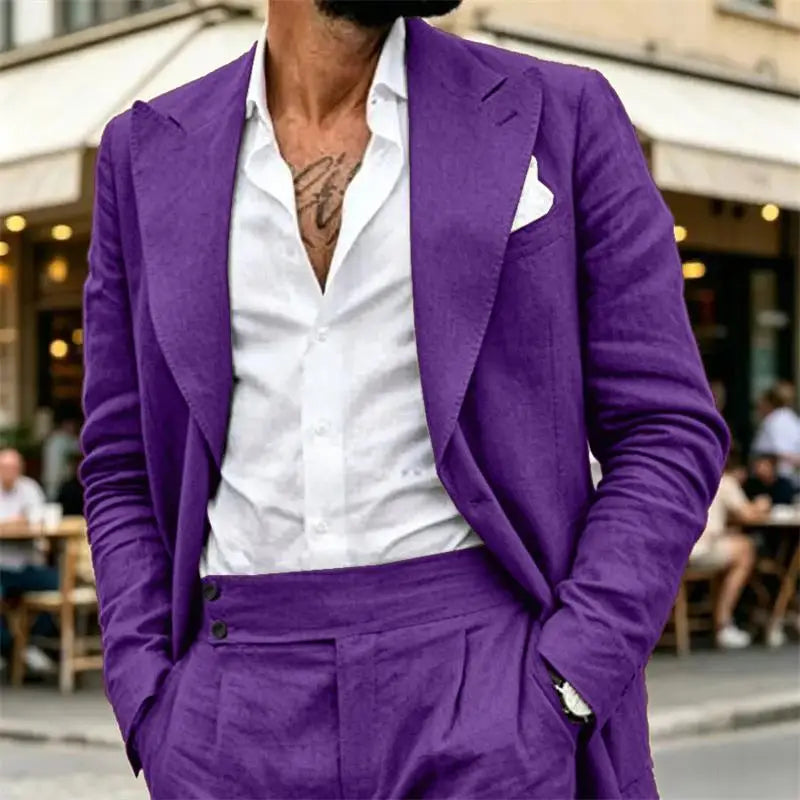 Ensemble de costume en lin 2 pièces pour homme – Coupe ajustée décontractée légère pour l'été – Blazer et pantalon pour la plage, mariage, bal de promo, soirée