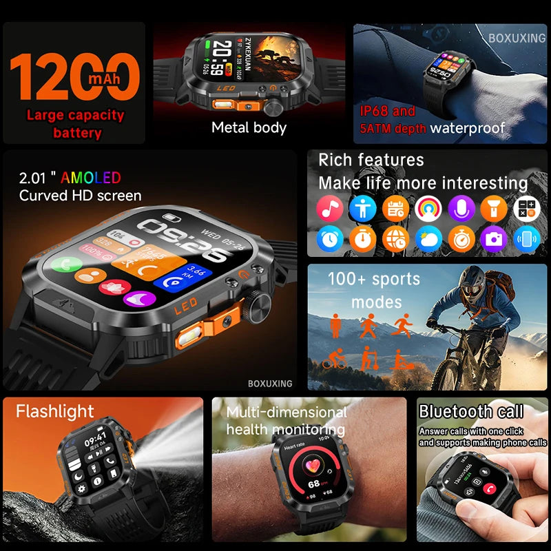 Nouvelle montre connectée militaire 2026 pour hommes, batterie 1200 mAh, étanche 5ATM, suivi d'activité, santé, fréquence cardiaque, compatible iOS et Android
