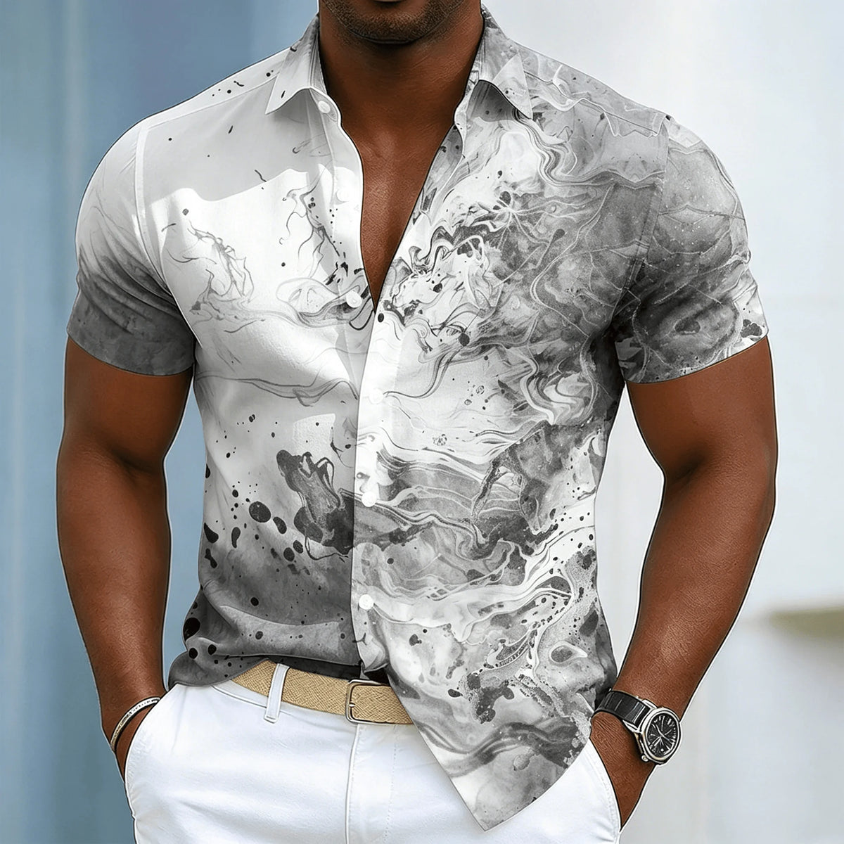 Chemise à manches courtes pour homme avec imprimé encre tourbillonnante, motif abstrait fluide décontracté à boutons pour le printemps et l'été