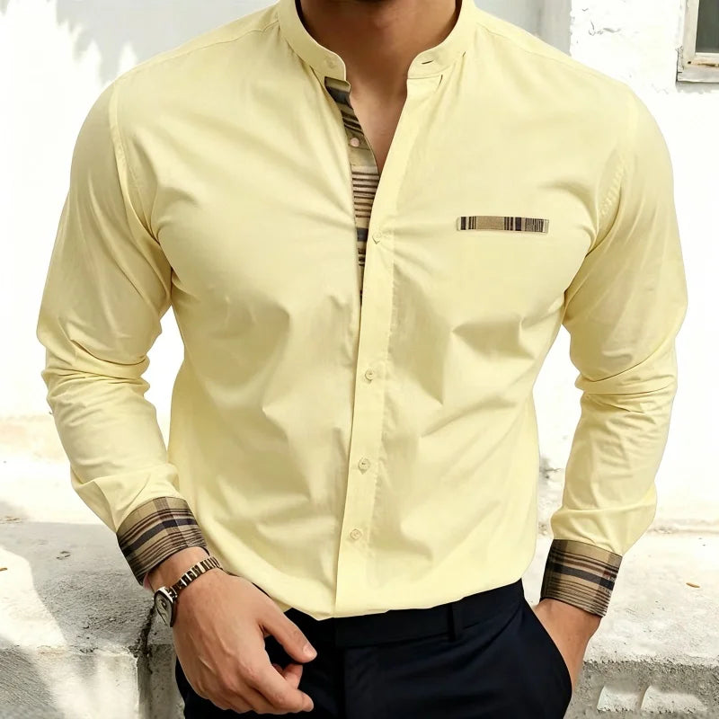 Chemise blanche à col montant pour homme, nouvelle collection, avec coutures à carreaux rétro, texture légère et luxueuse, haut à manches longues style business casual, tailles XS-6XL