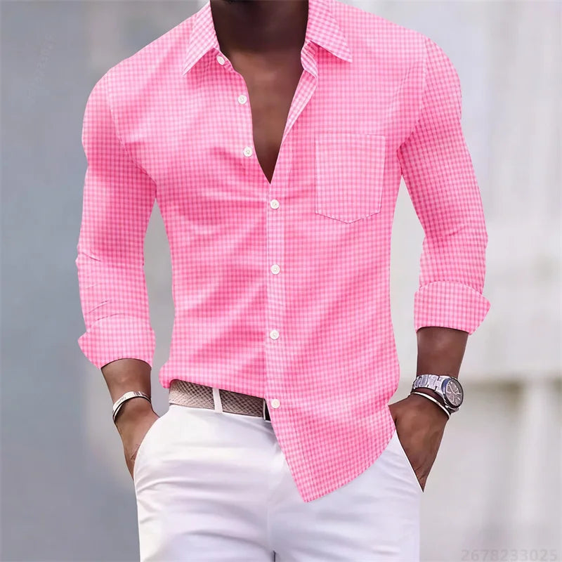 Chemise pour hommes 13 couleurs, chemise à manches longues à carreaux bleu clair et blanc, haut pour hommes coupe slim, décontracté, d'affaires et de déplacement.
