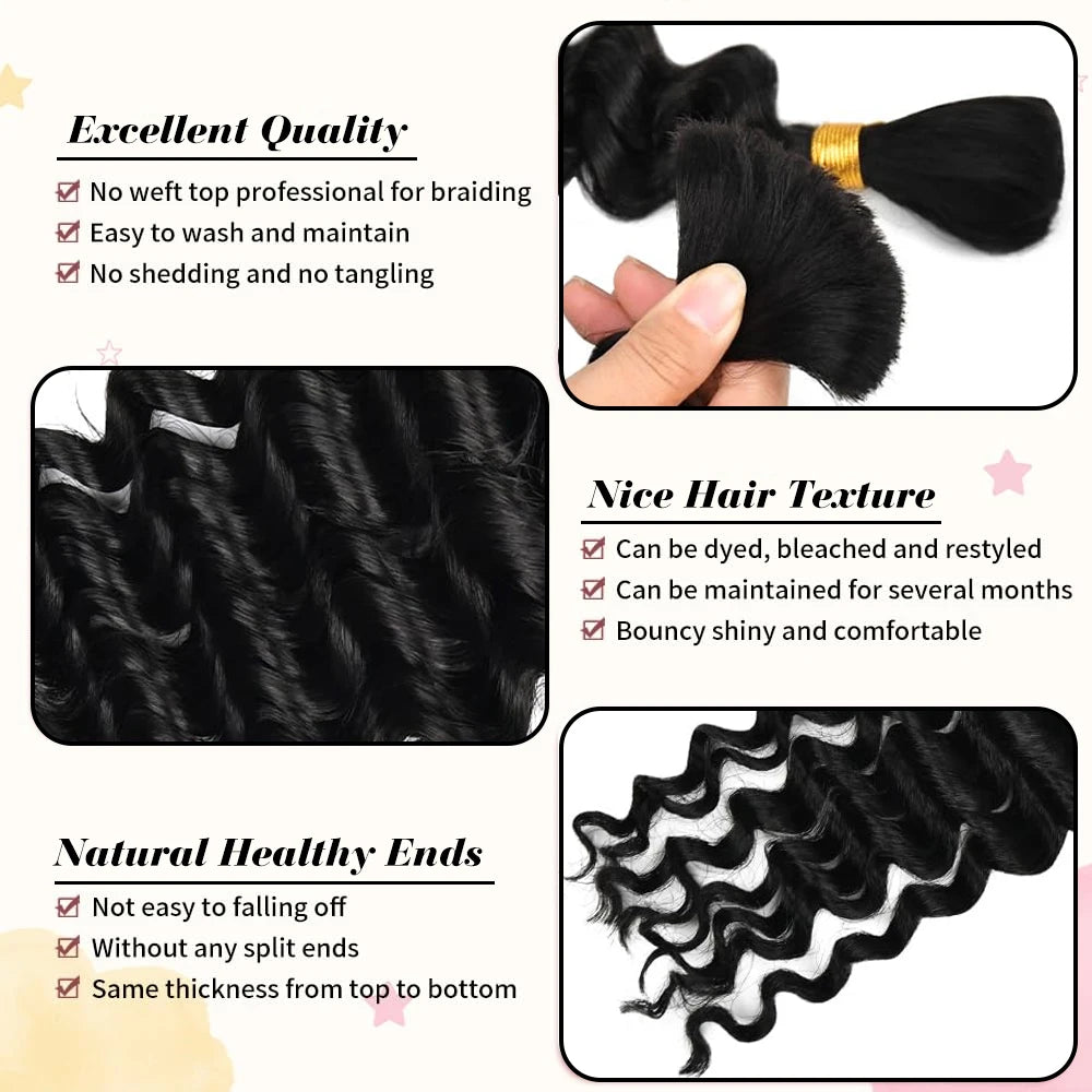 2 lots de cheveux humains à tresser pour tresses bohèmes, 14 pouces 100g 10A Cheveux humains brésiliens vierges en vrac à ondulations profondes pour tressage