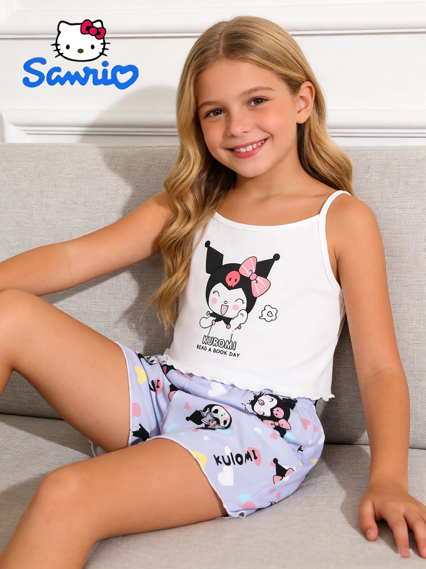 Ensemble short et débardeur Sanrio pour filles, édition été, ensemble deux pièces Kuromi, adapté aux vêtements d'été pour enfants à la maison