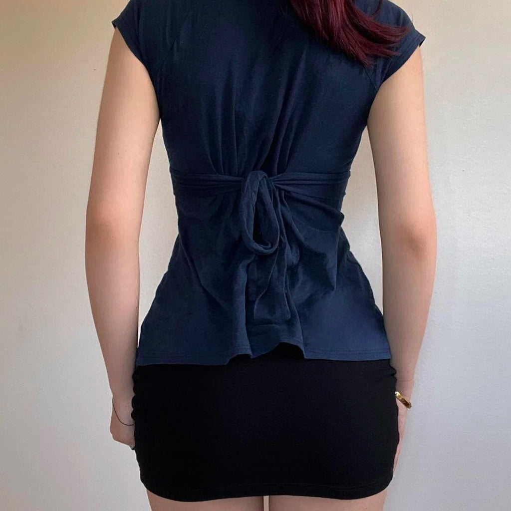 [RUOKE] T-shirt vintage slim fit à col en V pour femme, manches courtes, style bandage, décontracté, basique, crop top, polyvalent, pour le quotidien, printemps-été