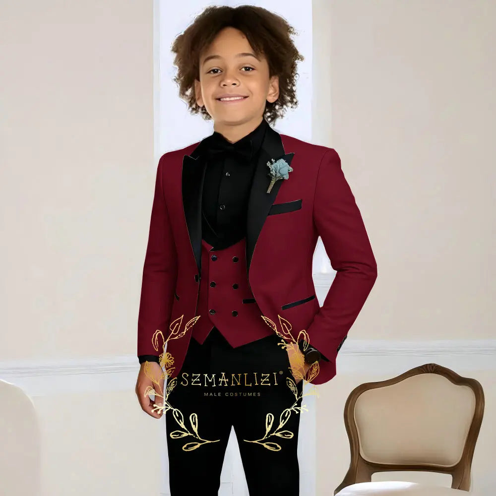 Costume de smoking de mariage pour garçons, 3 pièces, veste à col à visière, pantalon, gilet, ensemble Blazer formel pour enfant, tenue cintrée, costume garcon mariage