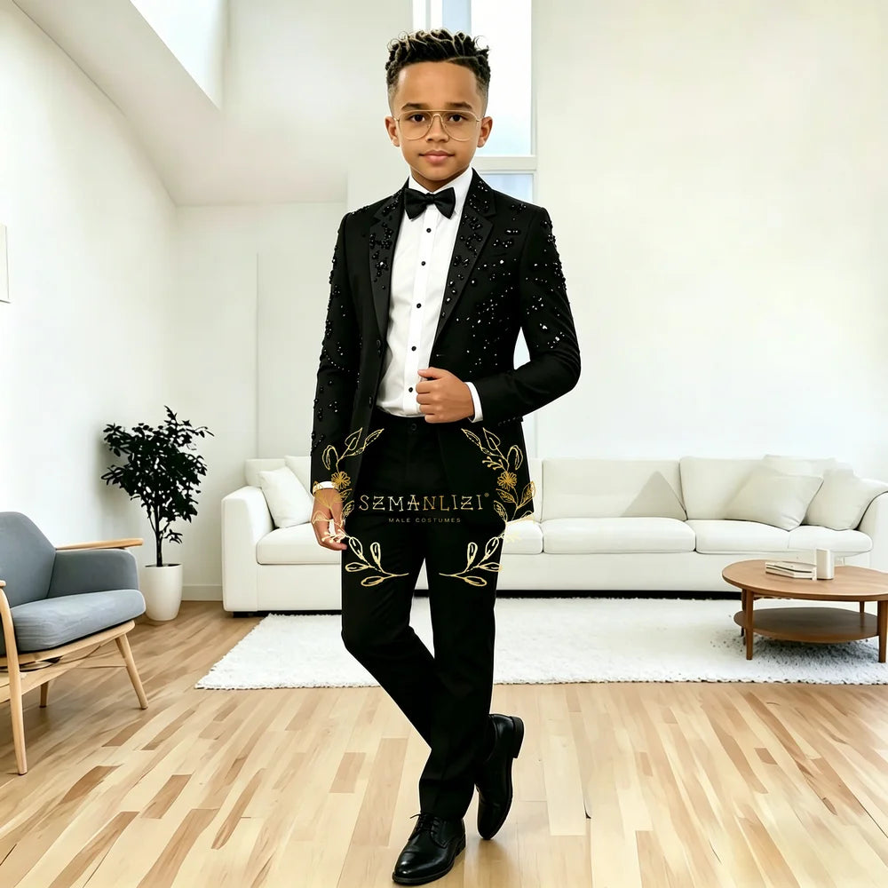 Costume Royal Bleu pour Garçons – Smoking de Soirée, Mariage, Cérémonie – Crystals, Revers Cranté – Ensemble 2 Pièces (Veste et Pantalon) – Tenue Formelle pour Bal de Promo