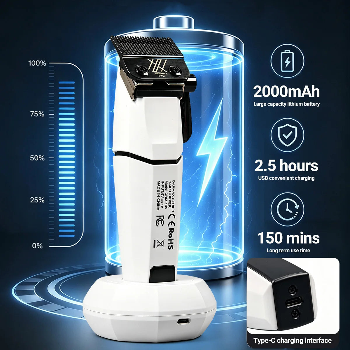 Tondeuse à cheveux professionnelle BRDMAX PRO DRM105, moteur silencieux 8000 tr/min, tondeuse à cheveux pour hommes, machine de coupe de cheveux électrique pour salon