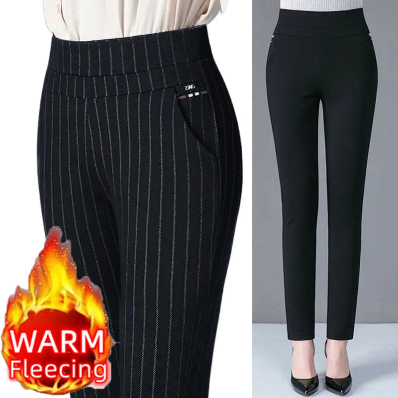 2025 automne hiver décontracté élégant bureau minceur couleur unie polaire épais mince femmes pantalon taille élastique serré crayon pantalon