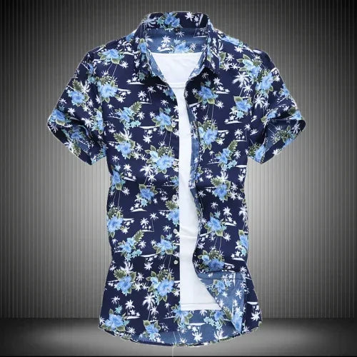 Chemise imprimée pour hommes, chemises de plage à manches courtes col carré simple boutonnage noir violet Camisa taille asiatique M-7XL