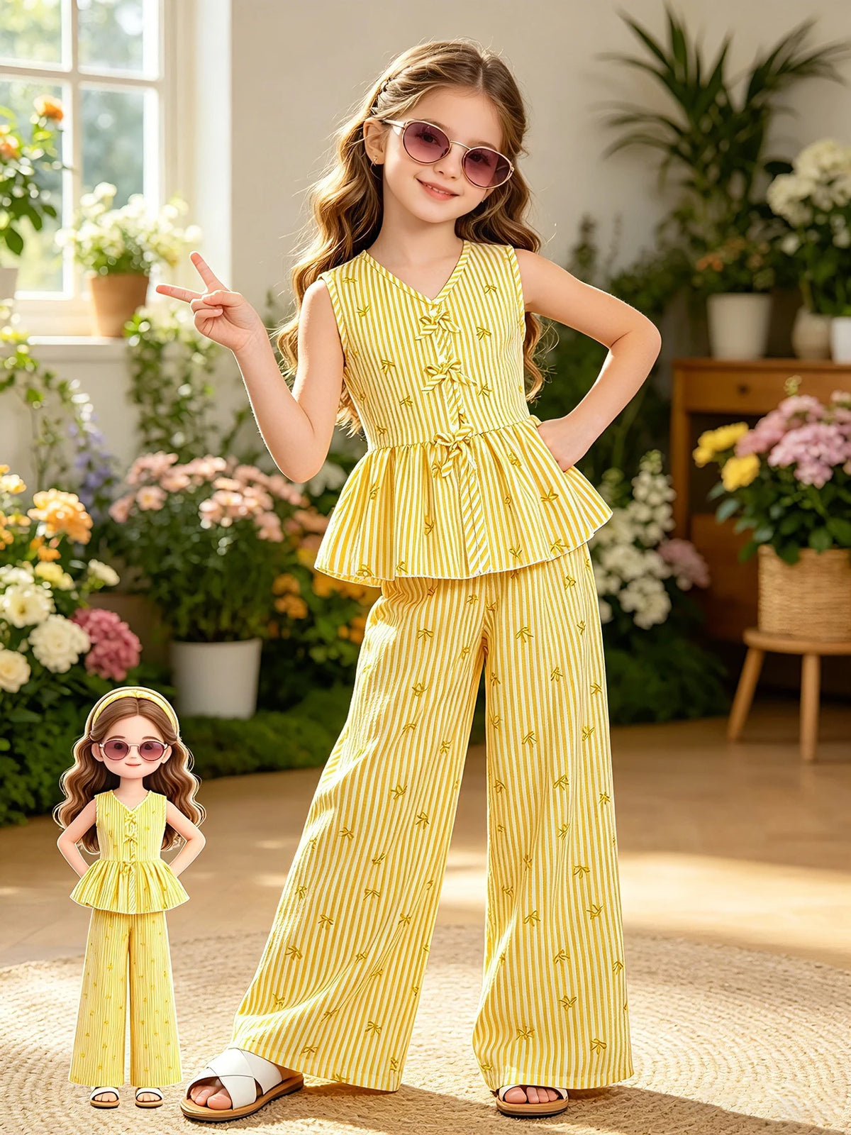 Tenue d'été 2 pièces pour enfants filles, haut à volants sans manches à col en V avec imprimé à rayures verticales jaunes et pantalon à jambes larges taille haute, décontracté