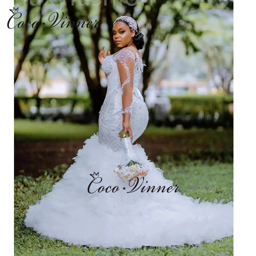 Robe de mariée sirène de luxe africaine personnalisée pour femme 2026, nouvelle collection, manches longues avec perles et sequins, dentelle, robe de mariée W1381