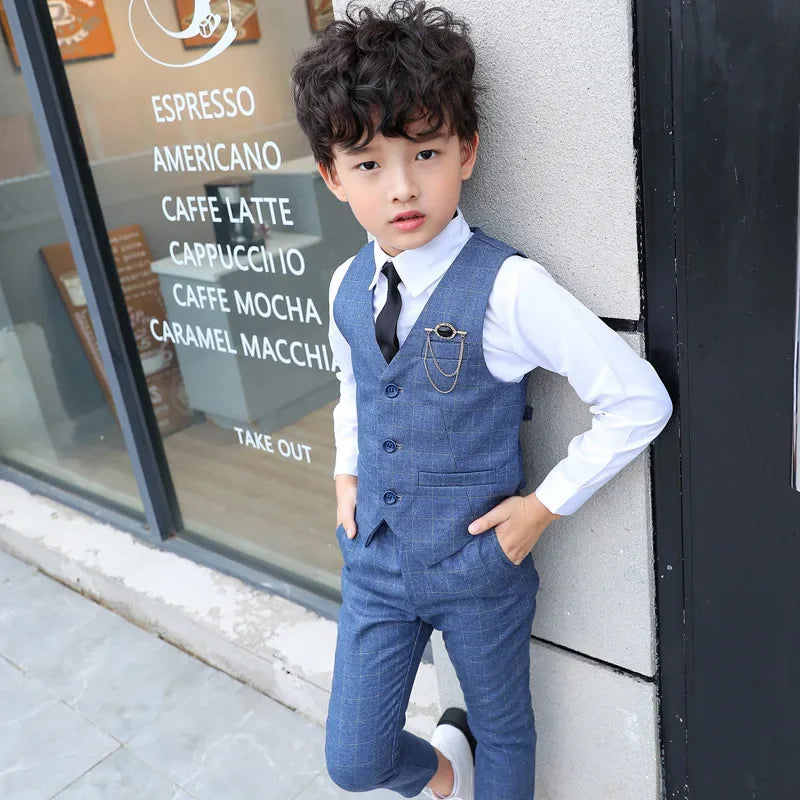 Garçon Plaid gilet Blazer enfants gilet vêtements de mariage ensemble enfant en bas âge robe formelle costume enfant broche chemise pantalon bébé messieurs tenue