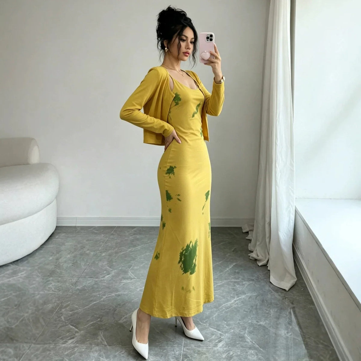 Ensemble élégant 2 pièces imprimé pour femme : Robe moulante mi-longue et cardigan court à manches longues – Tenue décontractée pour le quotidien et le street style