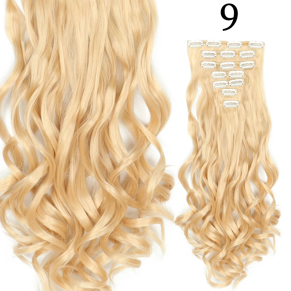 Extensions de Cheveux Synthétiques Longs et Lisses, Postiches Blondes Noires, Degré de Chaleur, Faux Cheveux, 24 Pouces, 16 Clips