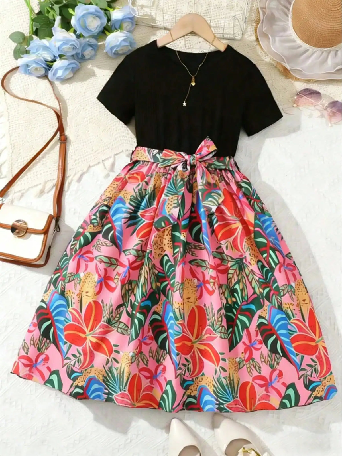 Robe décontractée à manches courtes pour fille, motif floral patchwork, couleur unie, col rond, cadeau d'été