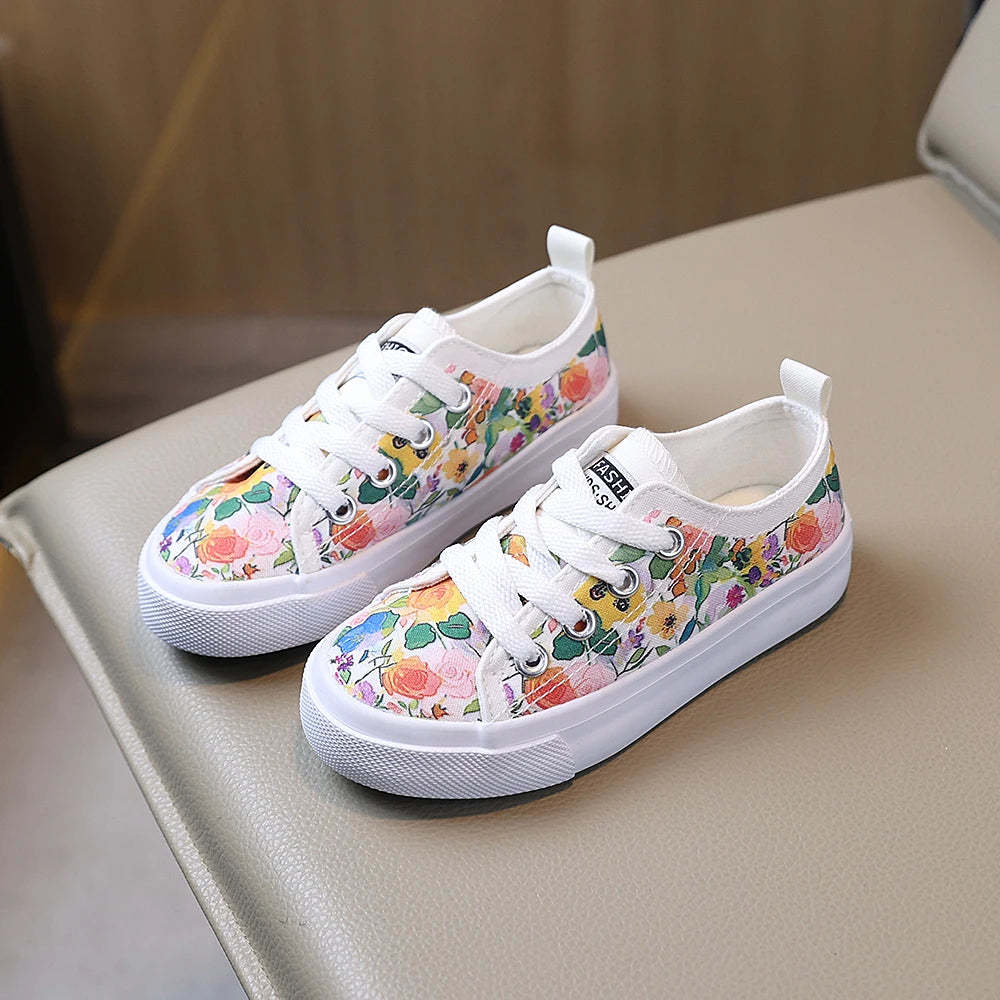 COMFY KIDS Chaussures basses en toile pour filles de 3 à 12 ans, imprimé floral, style frais, tissu en coton respirant, à lacets, avec languette de fermeture, pour toutes les saisons, chaussures décontractées pour pique-