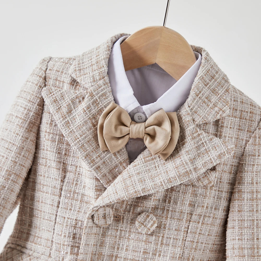 Ensemble de costume en tweed pour bébés garçons, style gentleman, pour mariage, cérémonie ou fête d'anniversaire, avec blazer croisé, pantalon kaki et nœud papillon