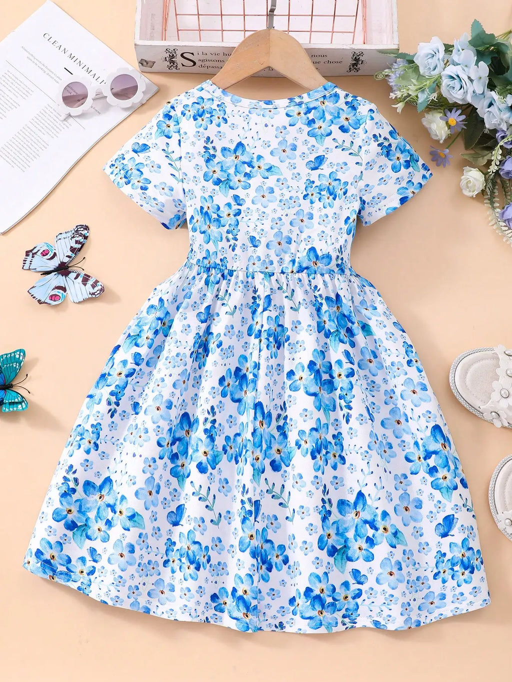 Robe à manches courtes pour filles, col rond, motif Floral bleu, vêtements pour enfants de 2 à 7 ans, tenue d'été décontractée