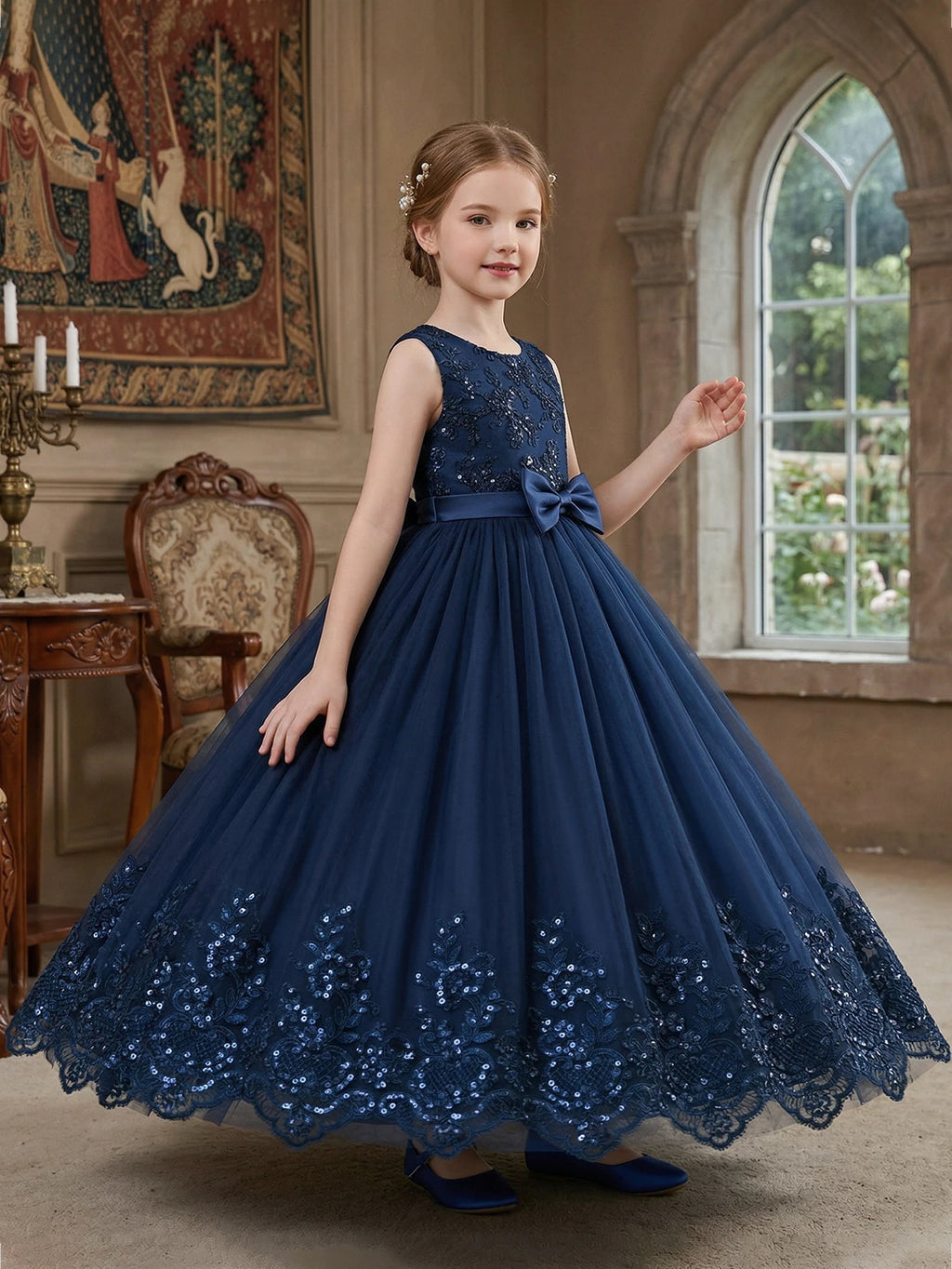Robe de soirée élégante pour fille adolescente, bleu royal, dentelle brodée, sequins, sans manches, avec filet bouffant pour fête, banquet