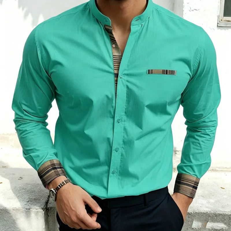 Chemise blanche à col montant pour homme, nouvelle collection, avec coutures à carreaux rétro, texture légère et luxueuse, haut à manches longues style business casual, tailles XS-6XL