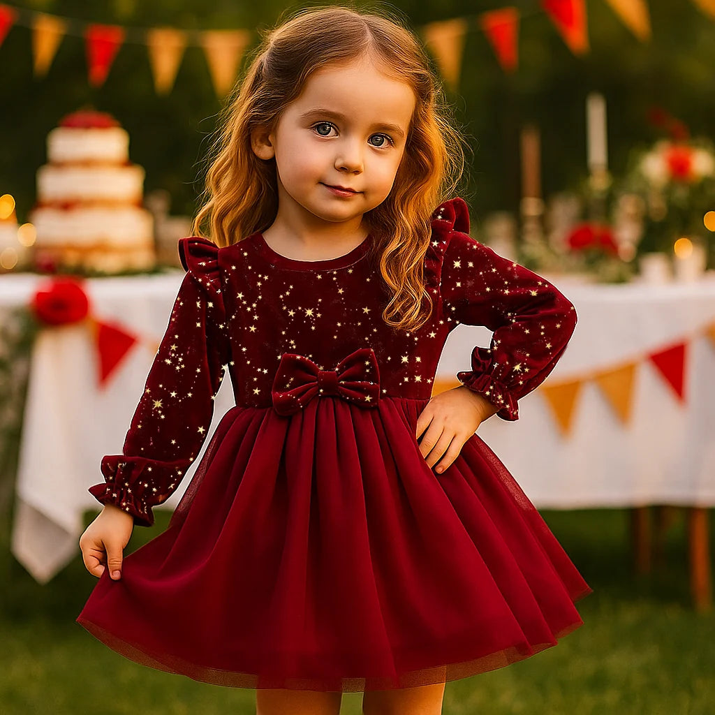 Robe d'automne et d'hiver en velours pour filles, tenue de princesse à manches longues avec nœud en maille, tenue de fête de nouvel an pour enfants, robe de fête Festive pour filles