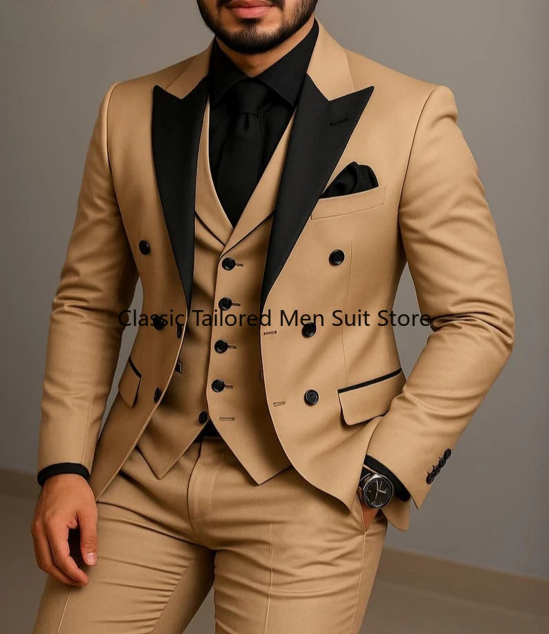 Costume beige à double boutonnage, costume de mariage ajusté à revers noir