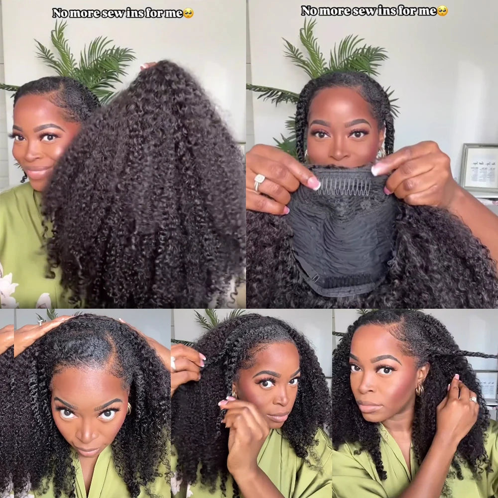 Demi-perruque de cheveux humains 180% demi-perruque crépus bouclés perruques de cheveux humains 3 en 1 ligne de cheveux Invisible porter aller avec cordon sans couture