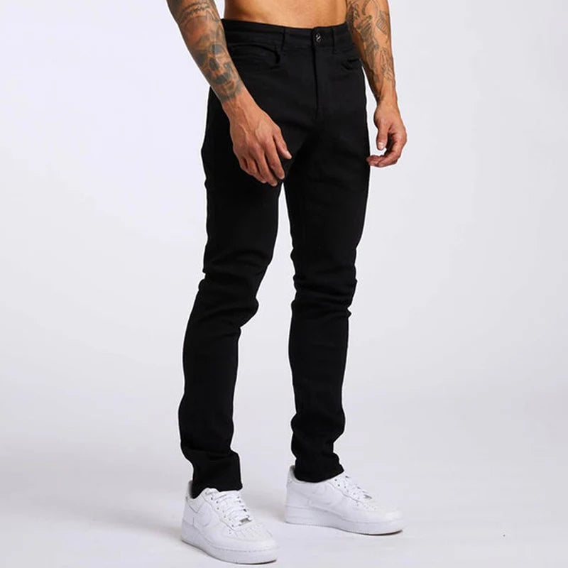 Jeans pour hommes élastique maigre couleur unie Stretch crayon pantalon coupe ajustée Denim jean Jogging Streetwear Cowboy pantalon décontracté noir