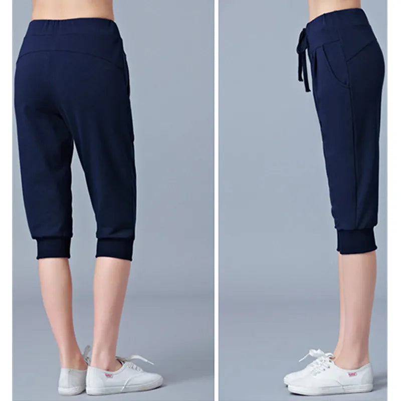 Pantalon court extensible bleu taille haute pour femme, pantalon sarouel athlétique léger gris d'été, short noir à cordon de serrage.
