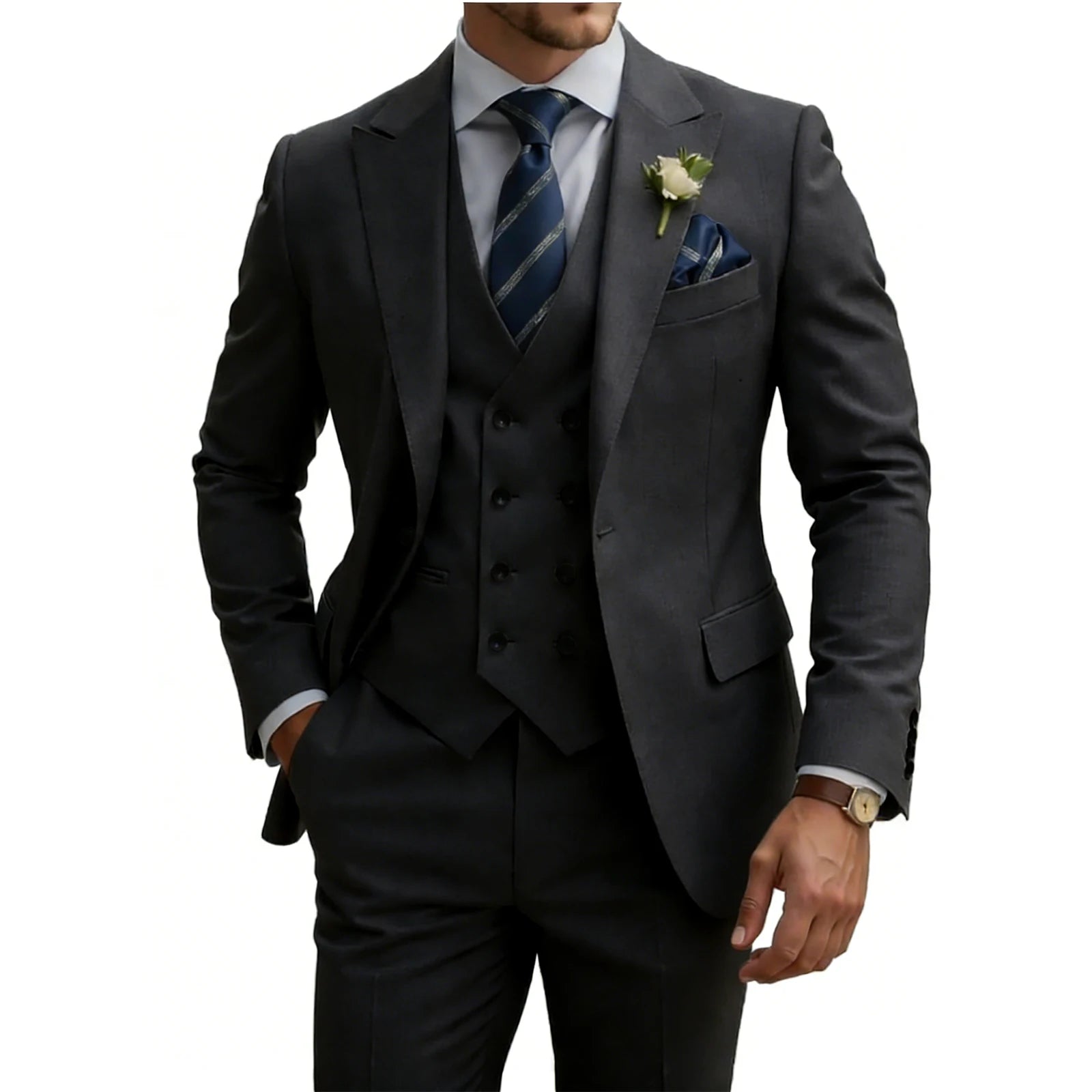 Costume homme 3 pièces slim fit, double boutonnage, pour mariage, bal, cérémonie, dîner formel, smoking