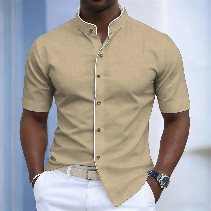 Chemise d'été pour homme à col montant et manches courtes, 20 couleurs, design color block tendance, coupe ajustée, chemise décontractée pour affaires, tailles XS-6XL