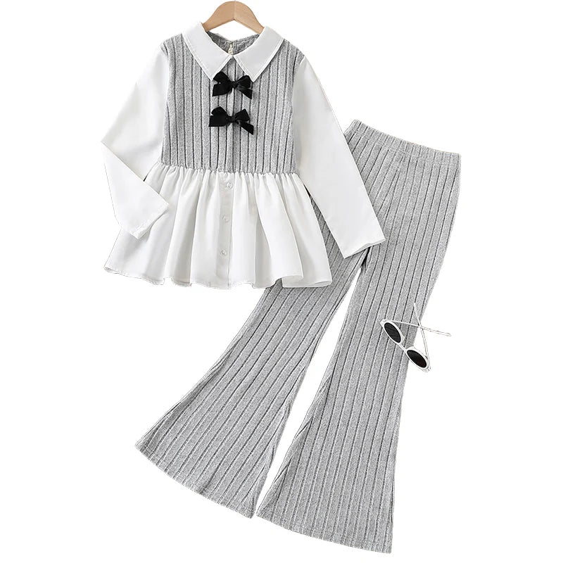 Ensemble deux pièces pour femmes et enfants, jupe chemise et pantalon trompette de couleur unie, décoration avec nœud bloqué, automne et hiver