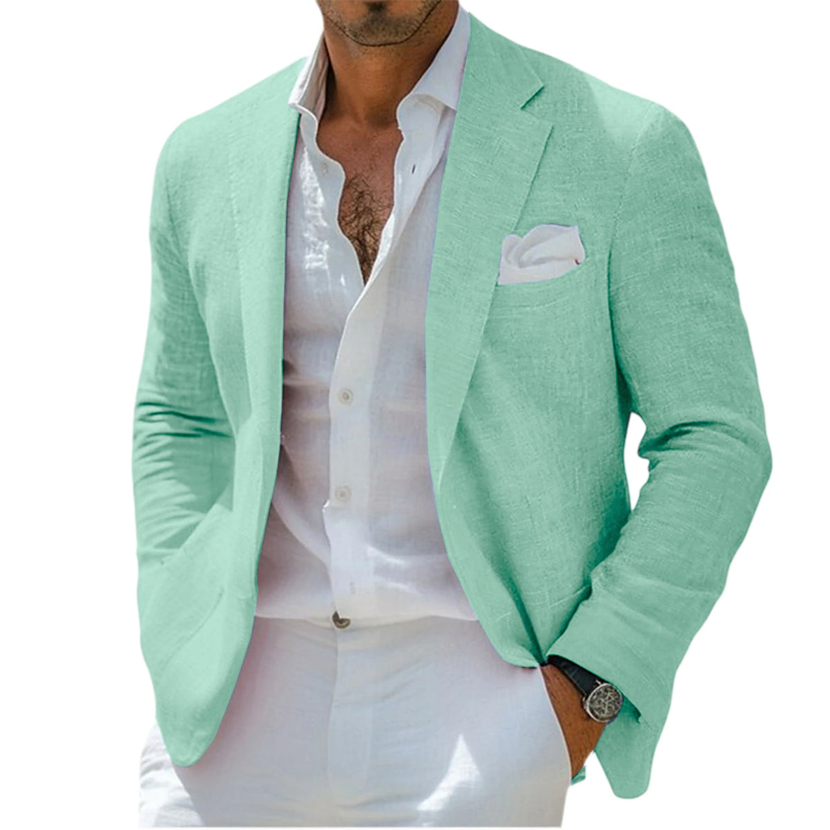 Blazer en lin pour homme, revers cranté, 2 boutons, coupe ajustée, veste de costume légère et respirante, idéale pour l'été, la plage, les mariages, le sport ou le quotidien