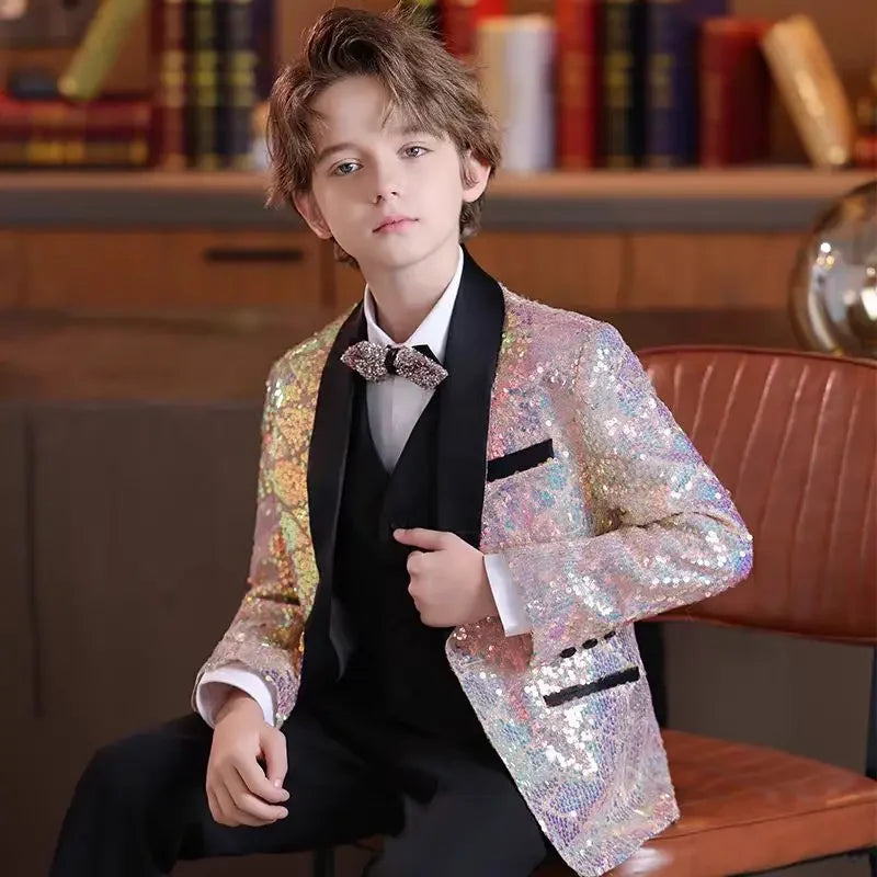 Ensemble de costume à paillettes pour garçons, costume de smoking formel pour mariage, veste, gilet, pantalon, 3 pièces, beau costume à fleurs pour enfant, pour spectacle de piano