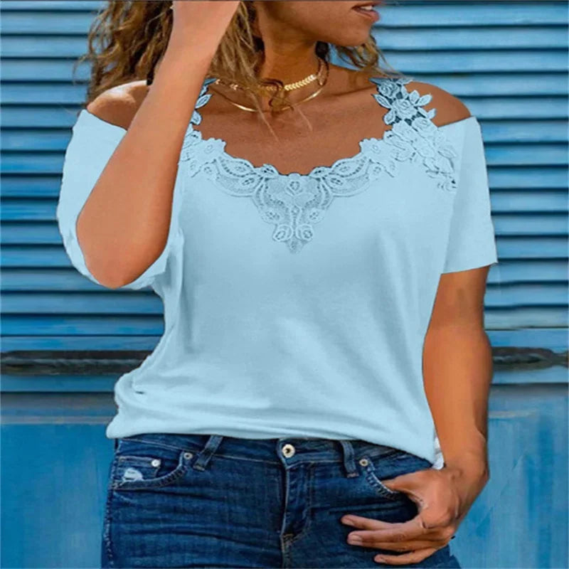 Chemise en dentelle à manches courtes pour femmes, t-shirt décontracté à col en V pour dames, évider les épaules, fronde, pull élégant, haut d'été sexy