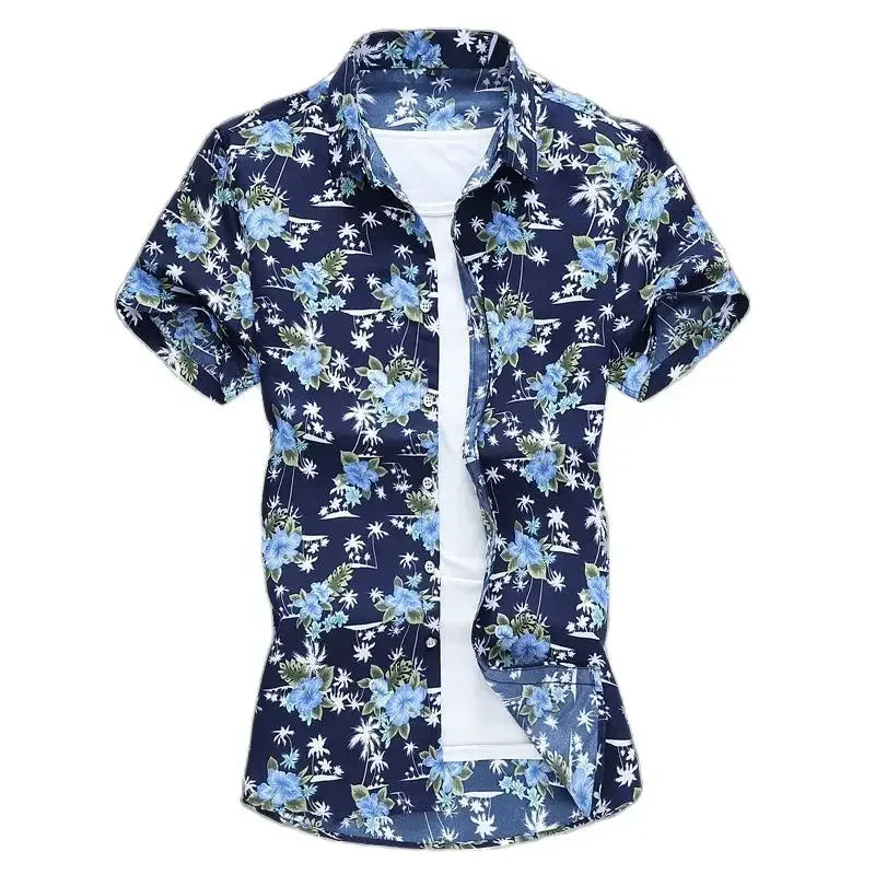 Chemise imprimée pour hommes, chemises de plage à manches courtes col carré simple boutonnage noir violet Camisa taille asiatique M-7XL